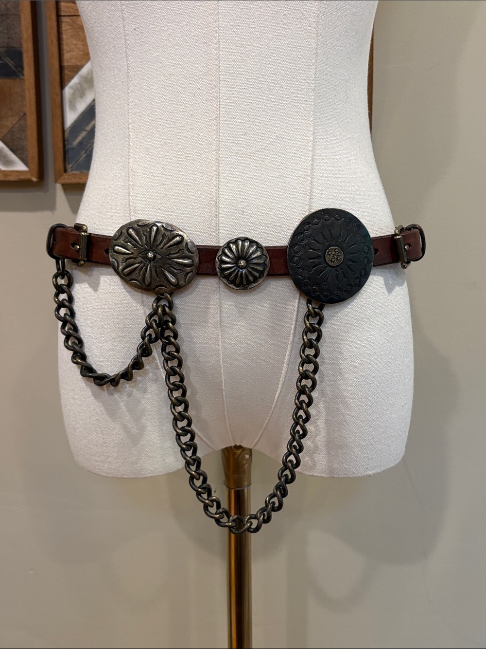 Ralph Lauren Collection Brown Leather Double Buckle Concho Chain Belt size Small - Picture 1 of 16